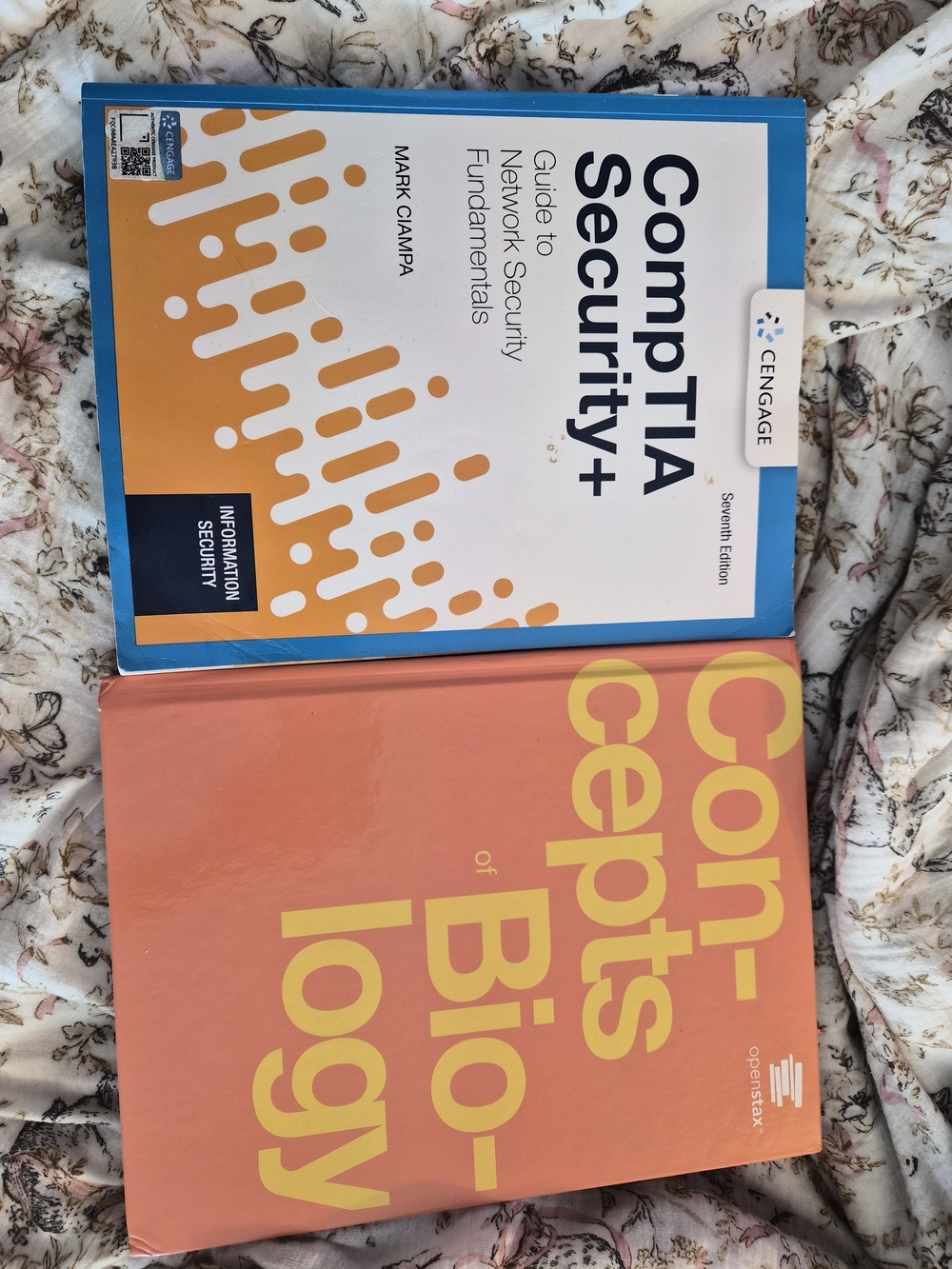 CompTIA Security+ Guide & Concepts of Biology Textbooks - Blue & Coral Covers